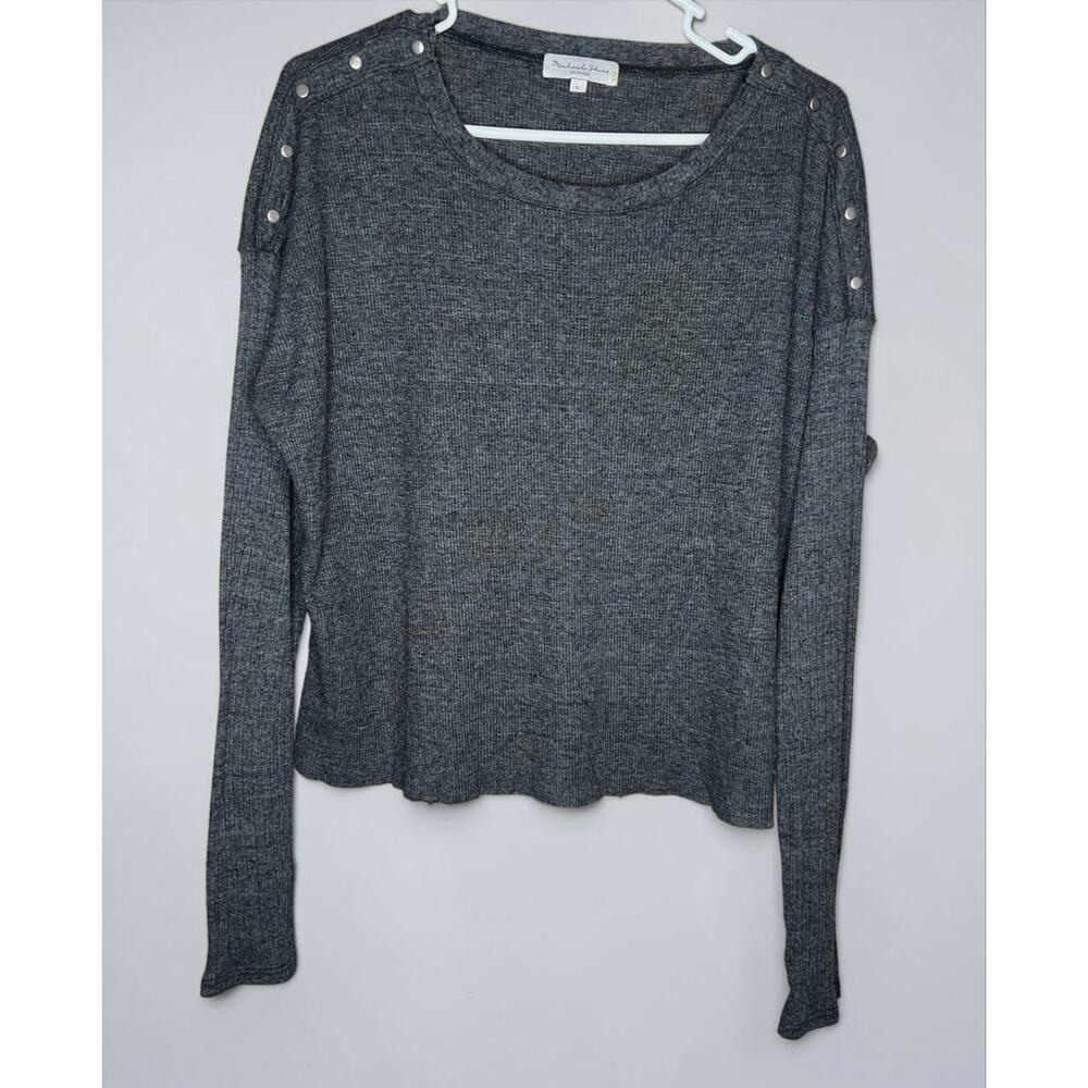 Michael Stars Gray Studded Shoulder Top Rib Knit Long Sleeve Size L NWOT